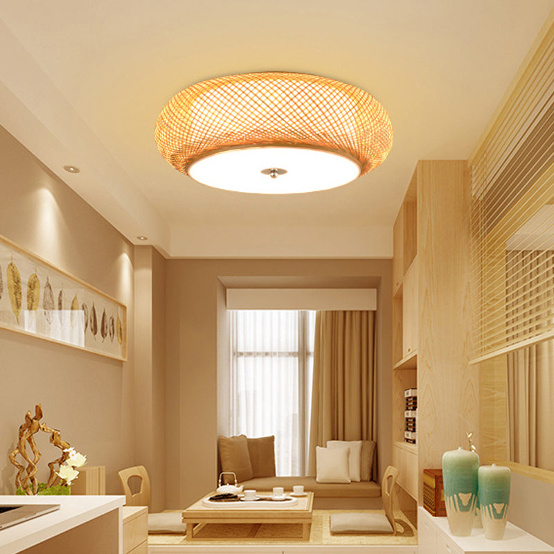 Asian Bamboo Flush Mount Lighting Rounded Drum Ceiling Lamp for Living Room