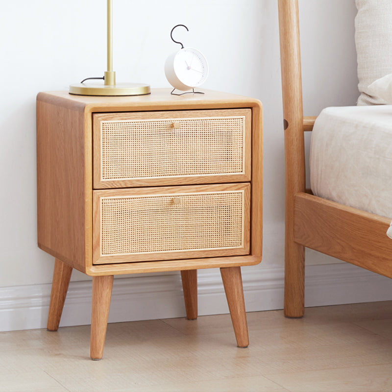 Solid Wood and Rattan Nightstand Drawer Storage 2 Drawer Bedside Cabinet Legs Included