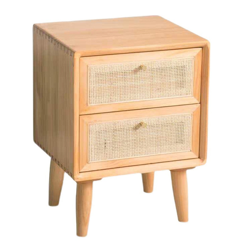 Solid Wood and Rattan Nightstand Drawer Storage 2 Drawer Bedside Cabinet Legs Included