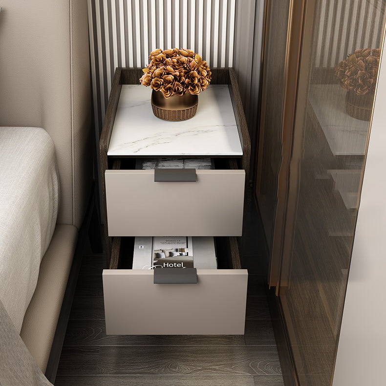 Espresso Wood and Off-White Night Table  Modern Stone and Pearl Wood Bedside Cabinet