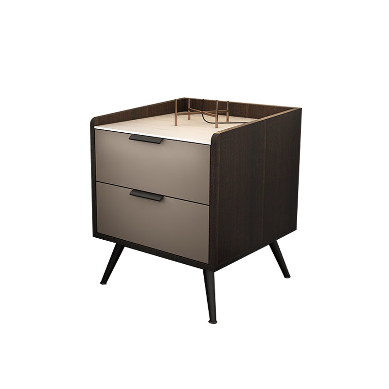 Espresso Wood and Off-White Night Table  Modern Stone and Pearl Wood Bedside Cabinet