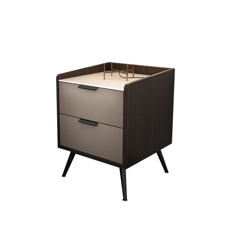 Espresso Wood and Off-White Night Table  Modern Stone and Pearl Wood Bedside Cabinet