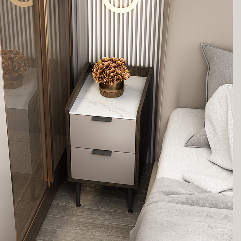 Espresso Wood and Off-White Night Table  Modern Stone and Pearl Wood Bedside Cabinet