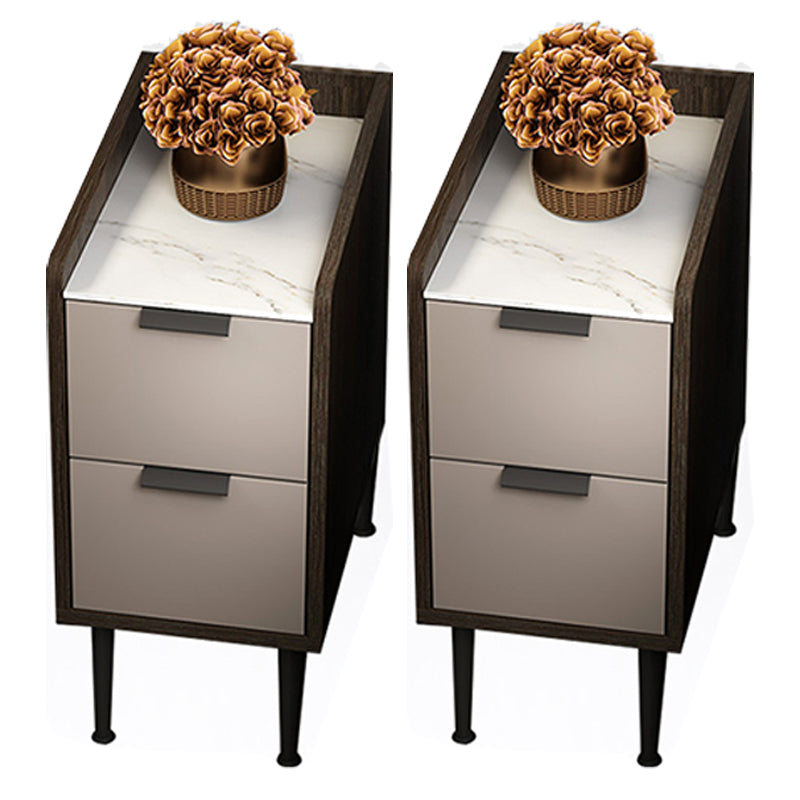 Espresso Wood and Off-White Night Table  Modern Stone and Pearl Wood Bedside Cabinet