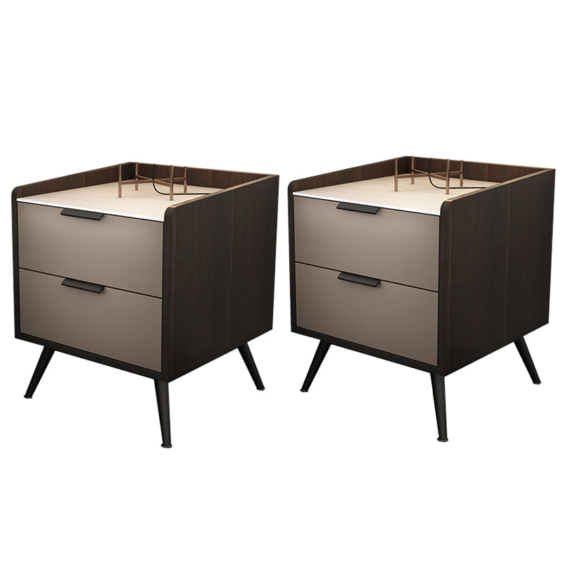 Espresso Wood and Off-White Night Table  Modern Stone and Pearl Wood Bedside Cabinet