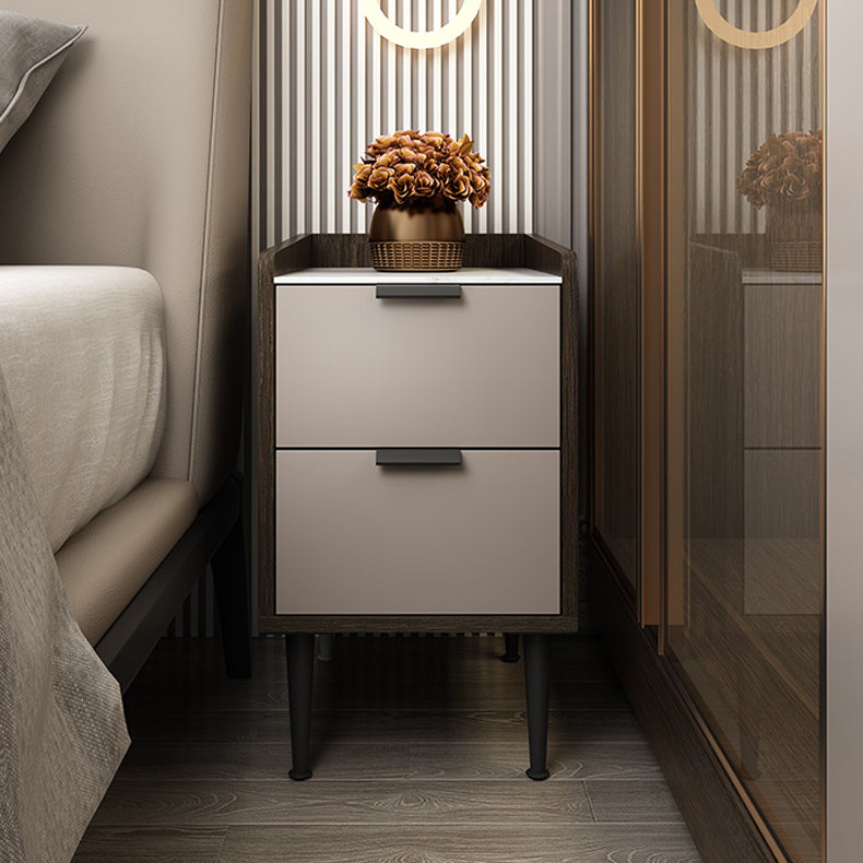 Espresso Wood and Off-White Night Table  Modern Stone and Pearl Wood Bedside Cabinet