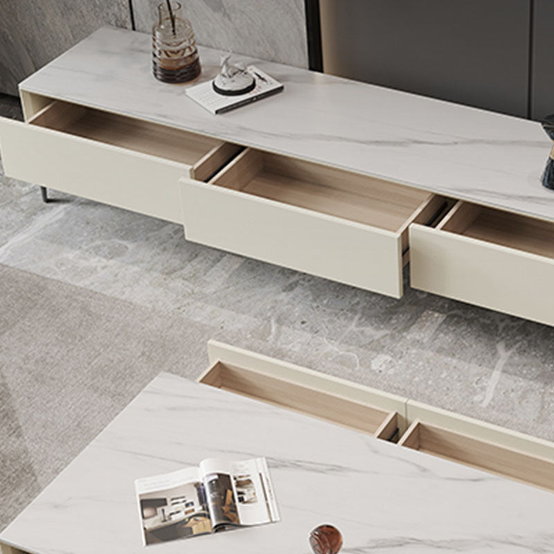 Contemporary TV Console, Matte/ Glossy White TV Stand with 4 Drawers