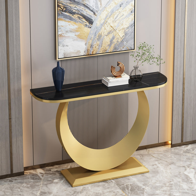 Steel Pedestal Base Console Table with Half Moon Stone Top for Hall