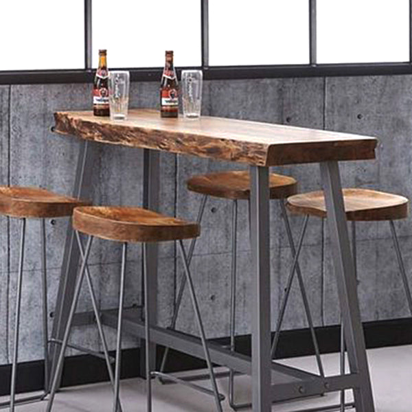 Industrial Bistro Table with Grey Metal Frame Distressed Brown Pine Wood Top Bar Table