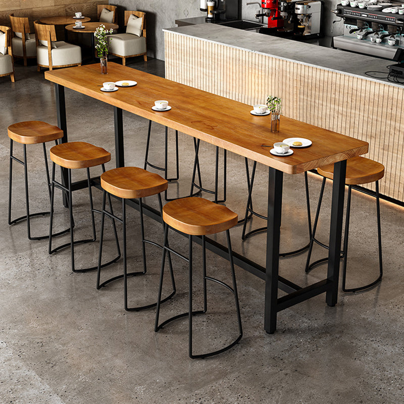 Industrial Metal Frame Bar Table with Trestle Brown Pine Wood Top Bistro Table