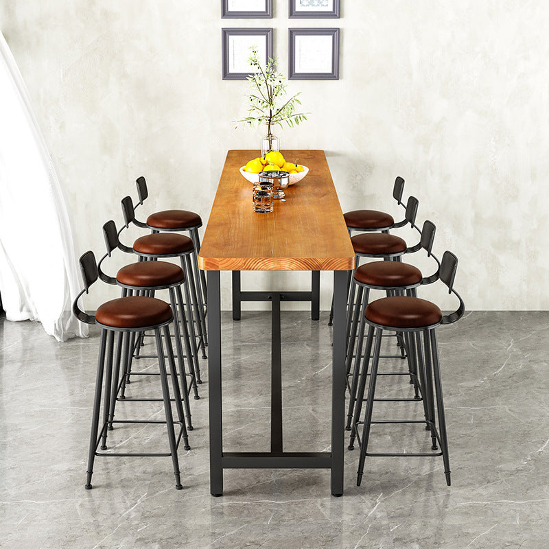 Industrial Metal Frame Bar Table with Trestle Brown Pine Wood Top Bistro Table