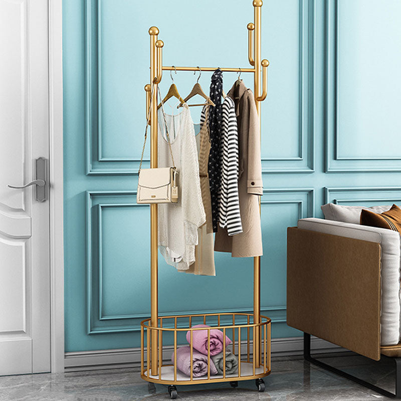 Glam Coat Rack Free Standing One Storage Shelve Metal Hall Stand with Wheels