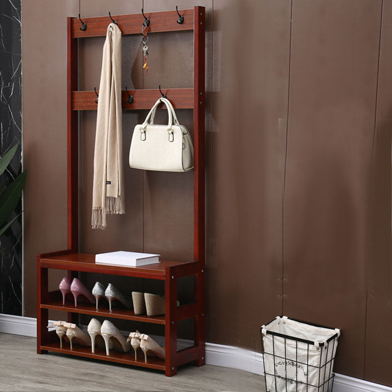 Traditional Coat Rack Free Standing Solid Wood Hall Stand with Shoe Storage Bench