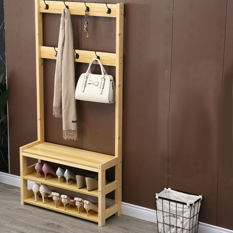 Traditional Coat Rack Free Standing Solid Wood Hall Stand with Shoe Storage Bench