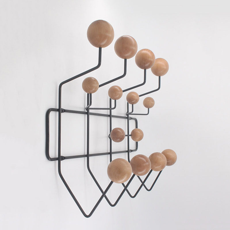 Industrial Hooks Punch-Free Metal Wall-Mounted Coat Rack with Wood Ball Decoration