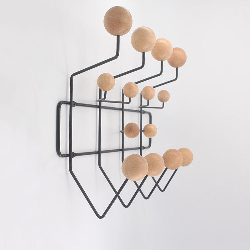 Industrial Hooks Punch-Free Metal Wall-Mounted Coat Rack with Wood Ball Decoration