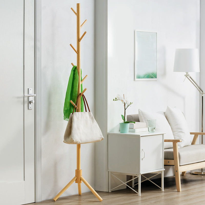 Modern Plain Solid Wood Free Standing Coat Rack with Coat Hooks