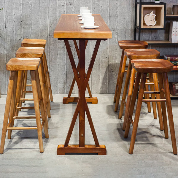 Brown Solid Wood Top Bar Table for Small Places Contemporary Pub Table with Trestle