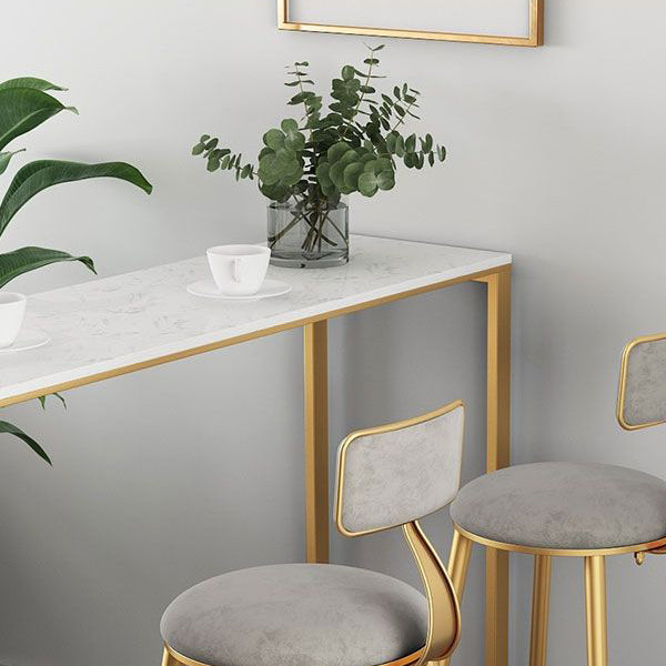 Glam Pub Table with Gold Metal Storage Rectangle Stone Top Bar Table