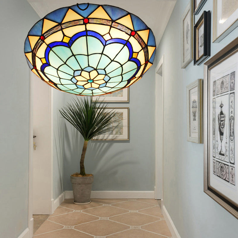 1-Light Bowl Flush Mount Tiffany Style Glass Ceiling Light for Hallway