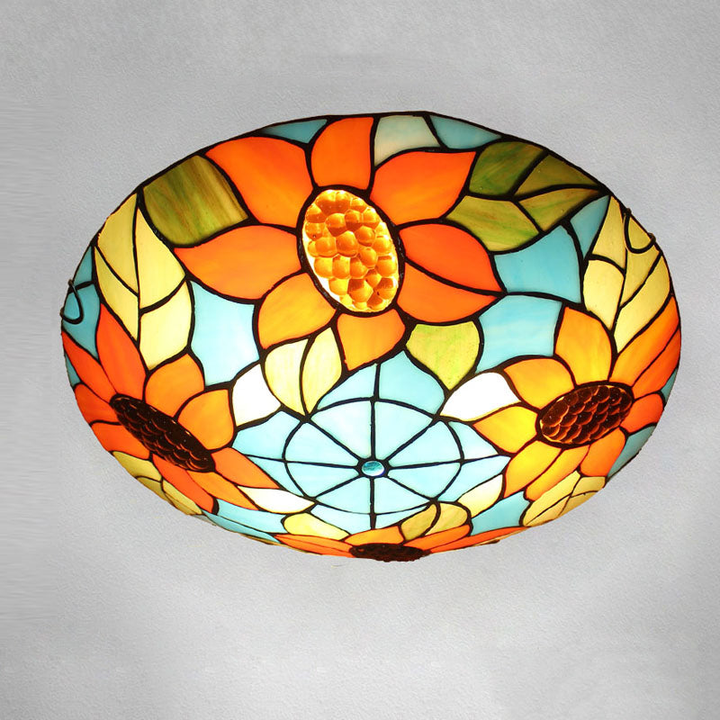 1-Light Bowl Flush Mount Tiffany Style Glass Ceiling Light for Hallway