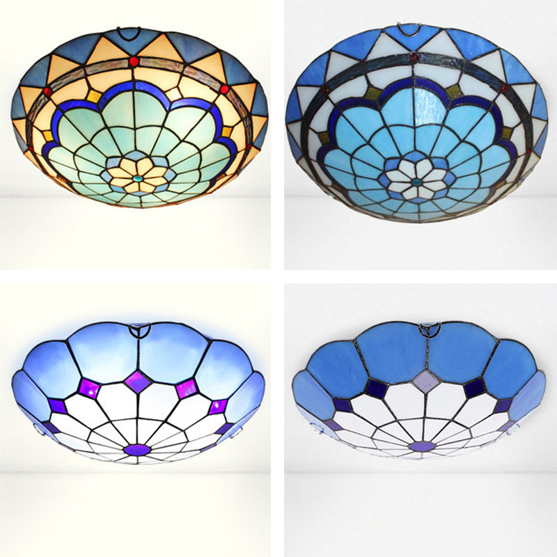 1-Light Bowl Flush Mount Tiffany Style Glass Ceiling Light for Hallway