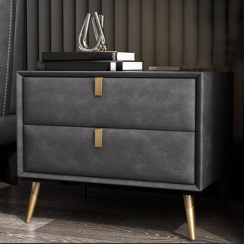 Modern Faux Leather Nightstand Solid Wood 18 Inch H 2-Drawer Storage Night Table