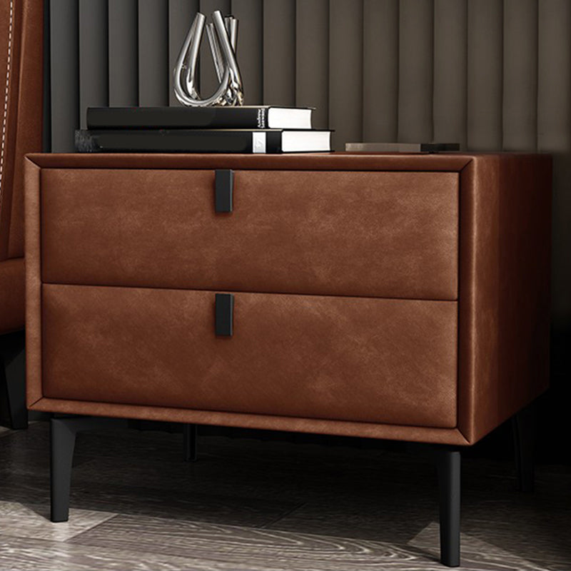 Modern Faux Leather Nightstand Solid Wood 18 Inch H 2-Drawer Storage Night Table