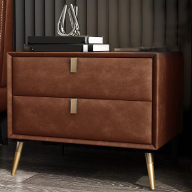 Modern Faux Leather Nightstand Solid Wood 18 Inch H 2-Drawer Storage Night Table