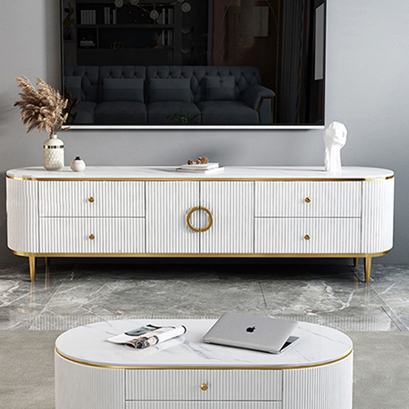 Glam Gloss TV Stand White Stone TV Console with Drawers and Cabinet