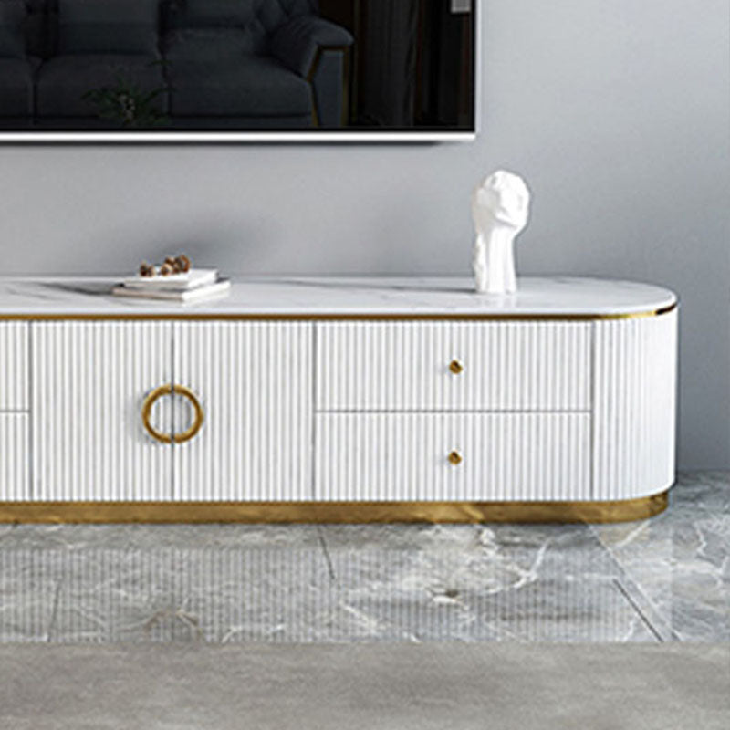 Glam Gloss TV Stand White Stone TV Console with Drawers and Cabinet