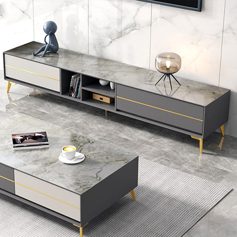 Contemporary TV Media Stand with Shelves, Slate Top Media Console TV Stand