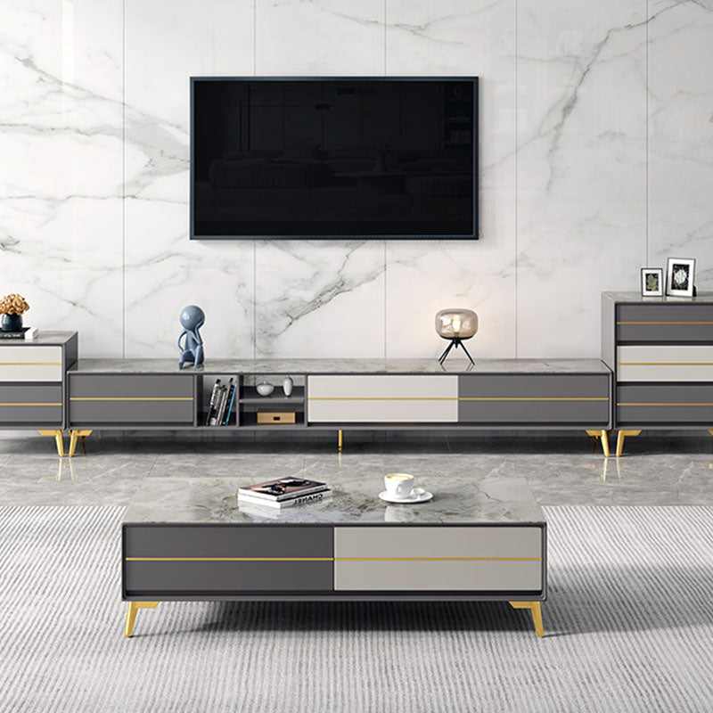 Contemporary TV Media Stand with Shelves, Slate Top Media Console TV Stand