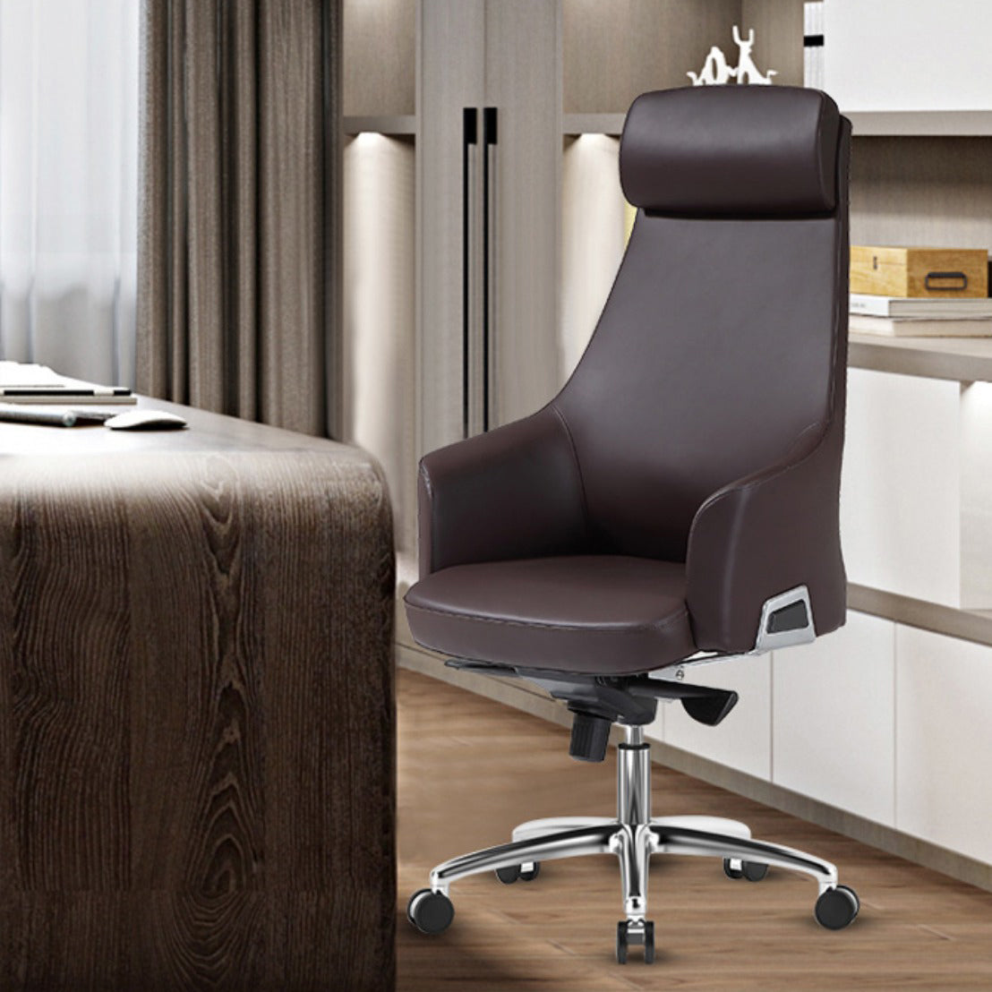 Modern Fixed Arms Swivel Chair Chrome Frame Leather Management Office Chair