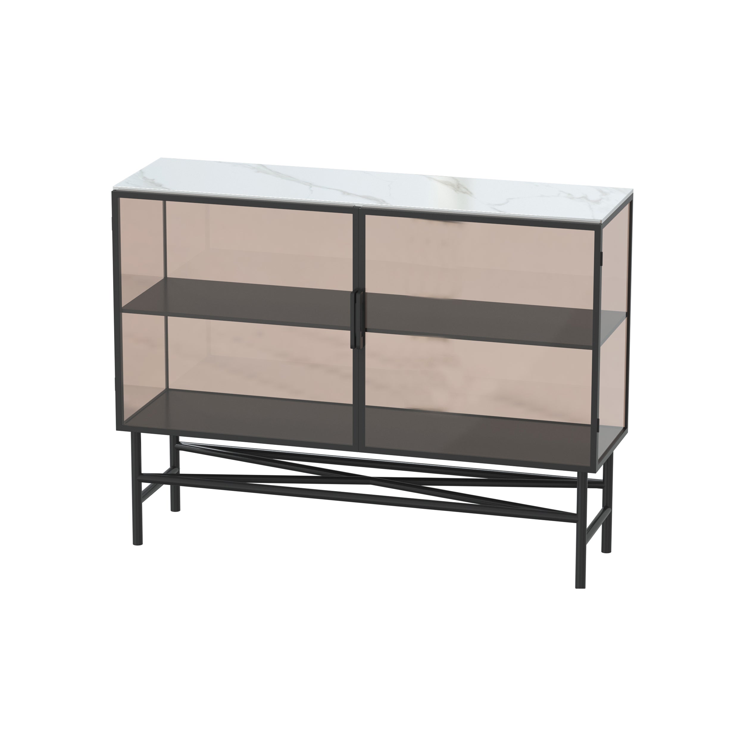 Modern Black Iron Sideboard Glass Door Dining Server with Stone Countertop for Living Room