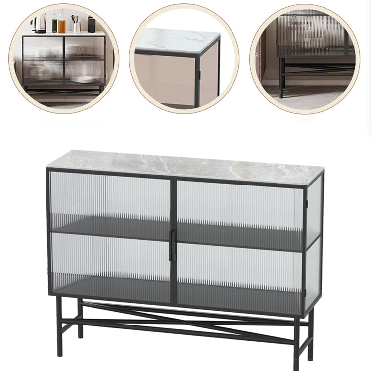 Modern Black Iron Sideboard Glass Door Dining Server with Stone Countertop for Living Room