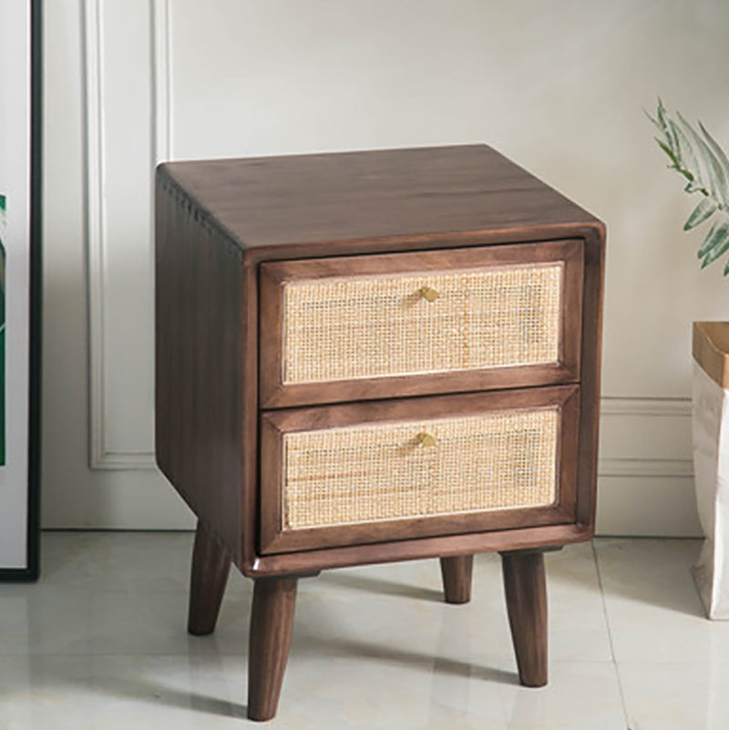 Wicker & Rattan Modern Night Table Solid Wood 2-Drawer Storage Nightstand