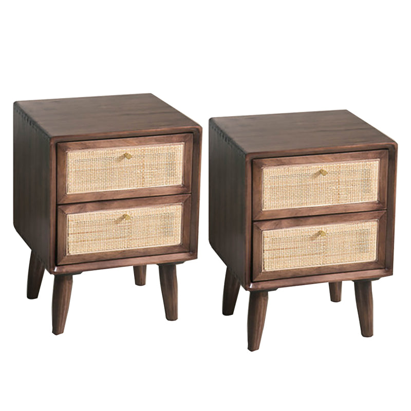 Wicker & Rattan Modern Night Table Solid Wood 2-Drawer Storage Nightstand