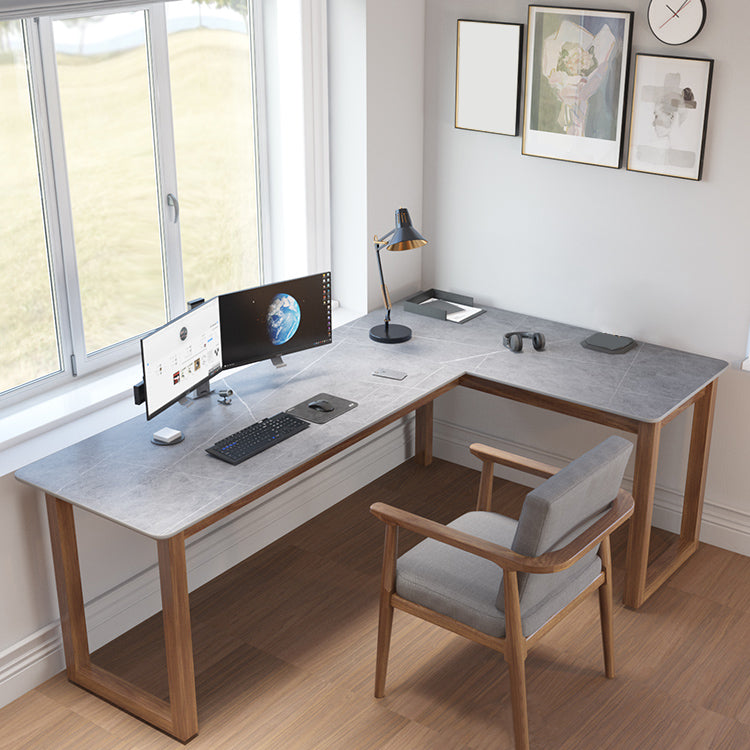 L-Shape Modern Style Office Desk Marble and Wood Writing Desk in Black