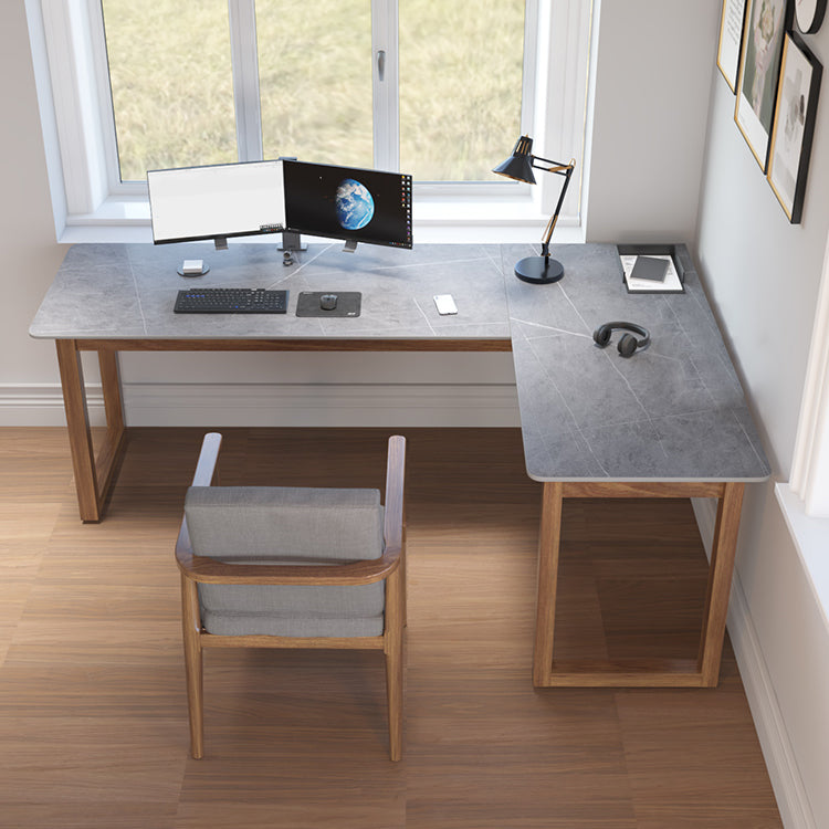 L-Shape Modern Style Office Desk Marble and Wood Writing Desk in Black