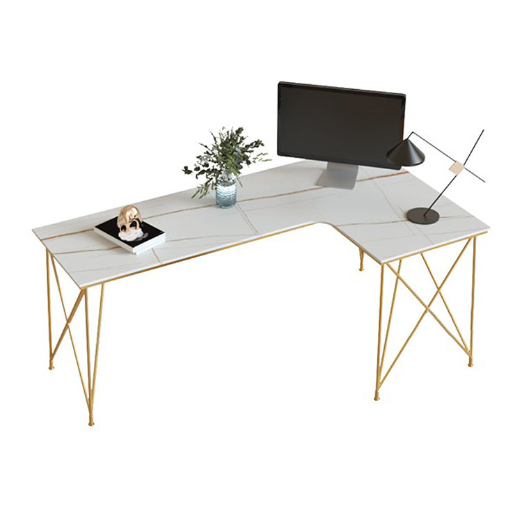 L-Shape Modern Style Office Desk Marble and Metal Writing Desk in White and Gold