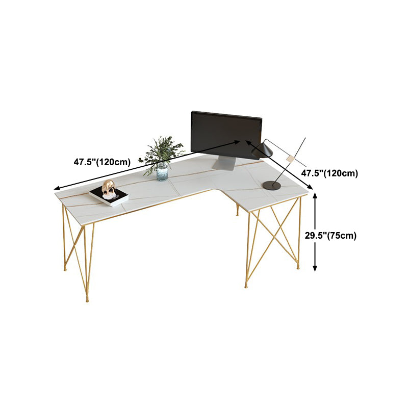 L-Shape Modern Style Office Desk Marble and Metal Writing Desk in White and Gold