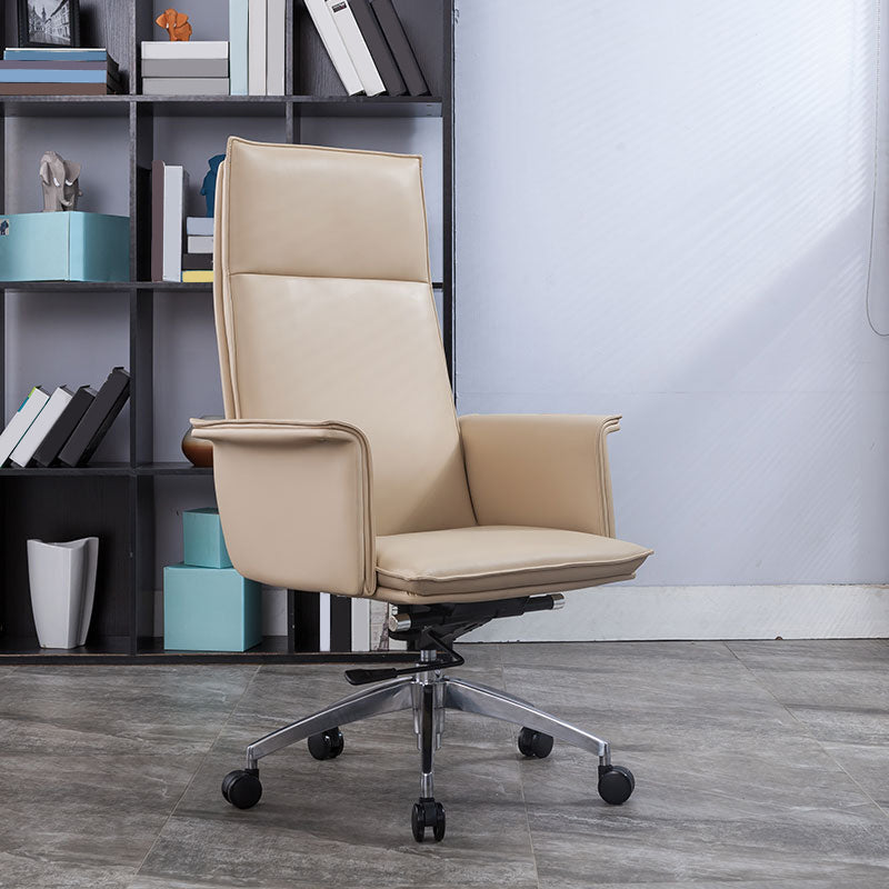 High Back Leather Swivel Office Chair with Chrome Arms Upholstered Task Chair