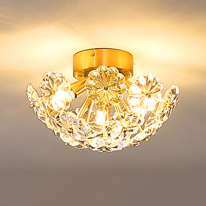 Brass Close to Ceiling Lamp Minimalist Crystal Shaded Ceiling Mounted Fixture