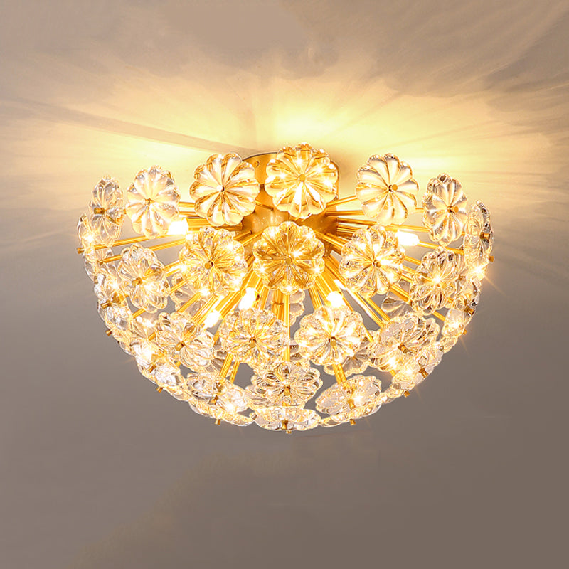 Brass Close to Ceiling Lamp Minimalist Crystal Shaded Ceiling Mounted Fixture