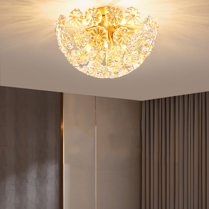 Brass Close to Ceiling Lamp Minimalist Crystal Shaded Ceiling Mounted Fixture