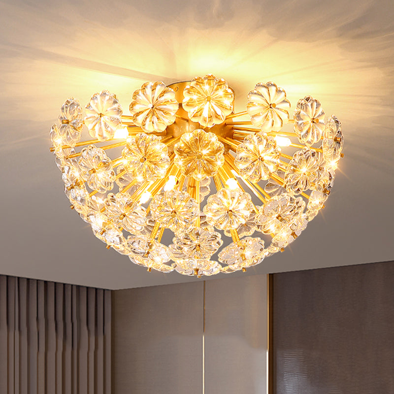 Brass Close to Ceiling Lamp Minimalist Crystal Shaded Ceiling Mounted Fixture