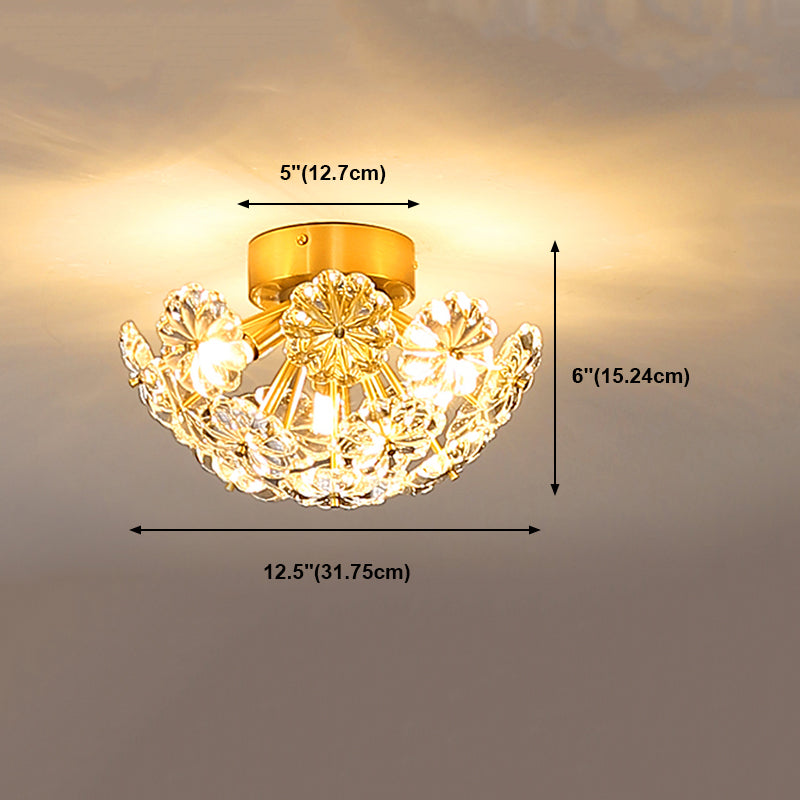 Brass Close to Ceiling Lamp Minimalist Crystal Shaded Ceiling Mounted Fixture