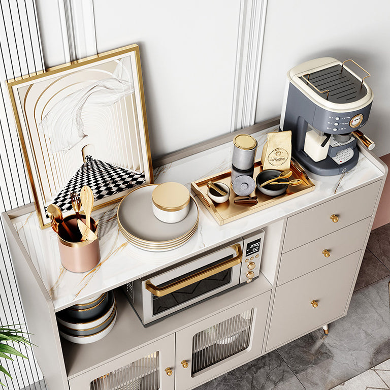 Glam Engineered Wood Sideboard Adjustable Shelving Credenza with Stone Top for Living Room