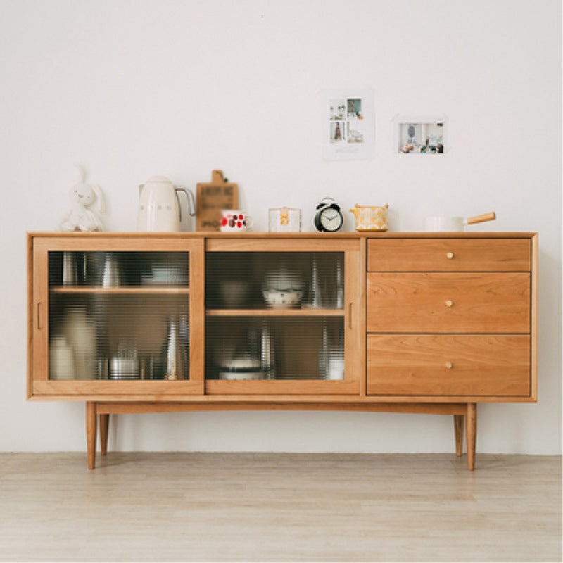 3-Drawer Pine Wood Credenza Modern Glass Sliding Door Cabinets Sideboard for Living Room